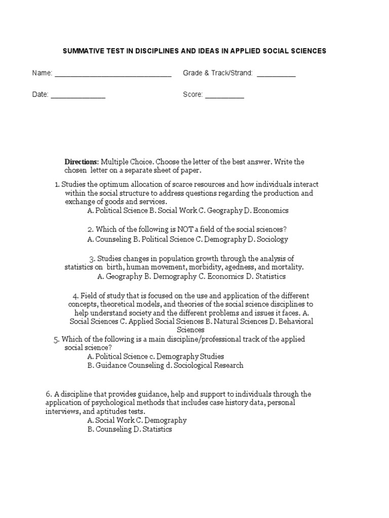 Applied Social Sciences Test | PDF | Social Sciences | School Counselor