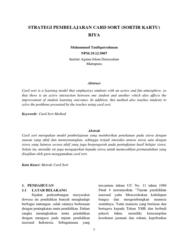 Strategi Pembelajaran Card Sort Pdf