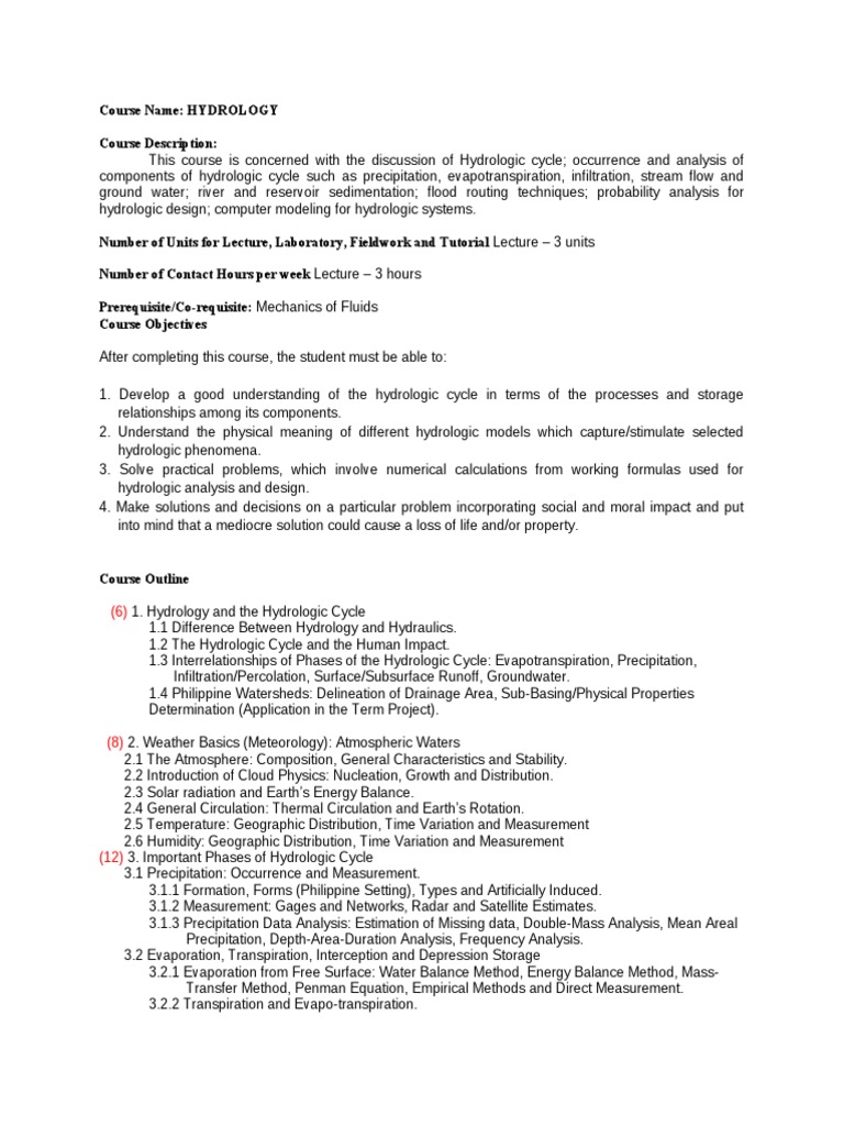 Hydrology Course Outline PDF Hydrology Water Cycle