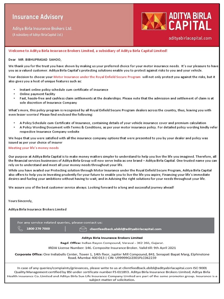 Welcome To Aditya Birla Insurance Brokers Limited A Subsidiary of Aditya Birla Capital Limited PDF Insurance Vehicle Insurance