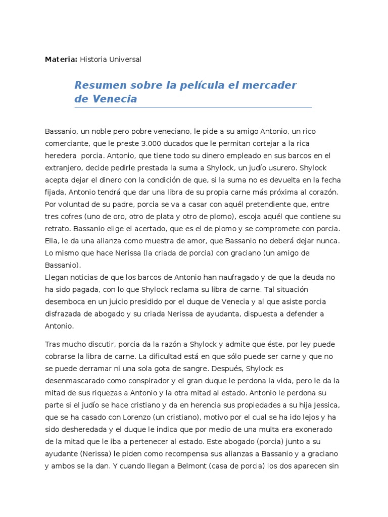 El Mercader de Venecia Resumen