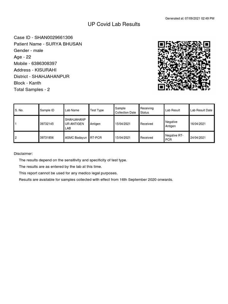 UP Covid Lab Results for Surya Bhusan | PDF | Science & Mathematics