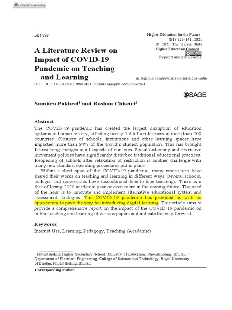 A Literature Review On Impact of COVID-19 Pandemic On Teaching and ...