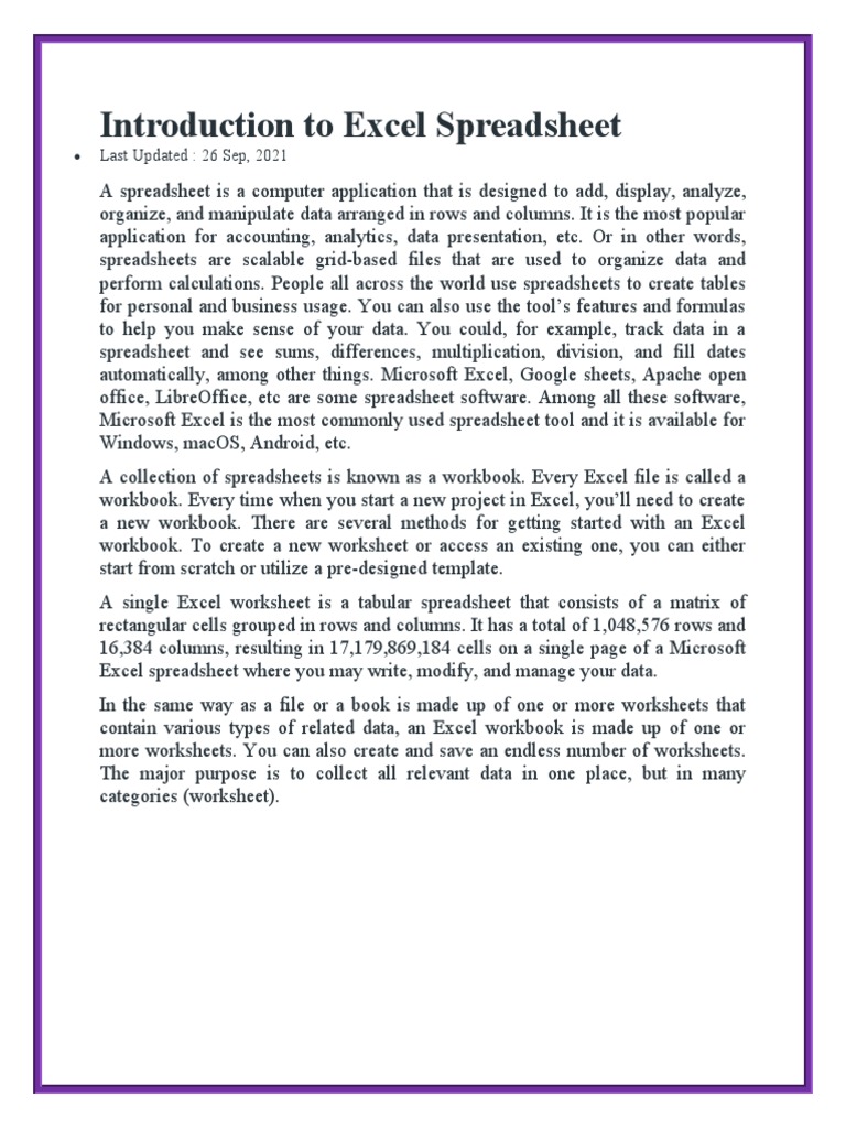 Introduction To Excel Spreadsheet Pdf Spreadsheet Microsoft Excel