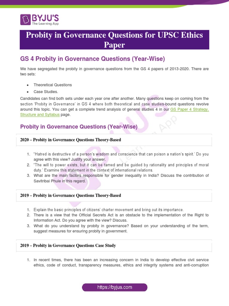 UPSC Ethics: Probity in Governance Questions | PDF | Governance | Integrity