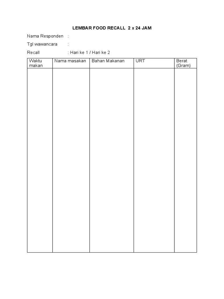 Lembar Food Recall 2 X 24 Jam | PDF