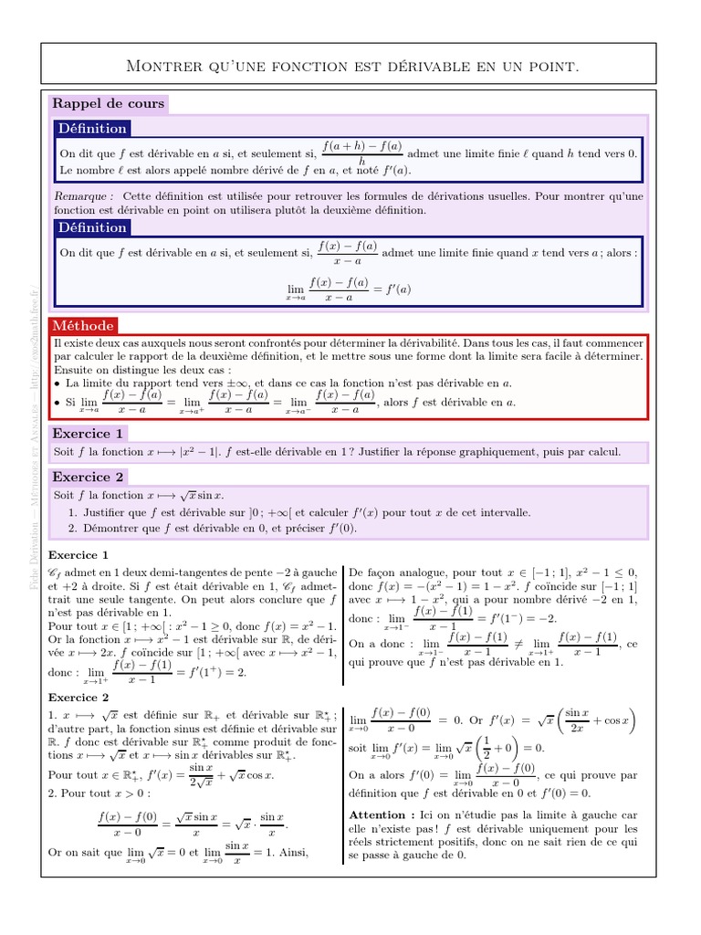 Dérivabilité des fonctions en un point | PDF | Limite (mathématiques ...
