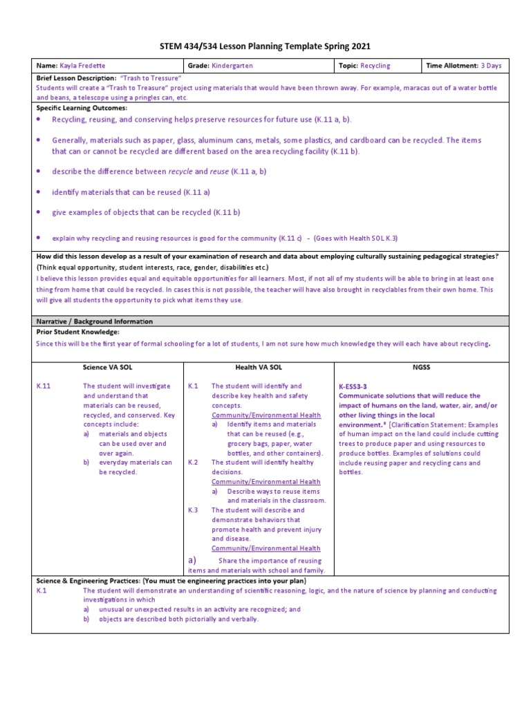 Kindergarten Recycling Lesson Plan | PDF | Recycling | Reuse