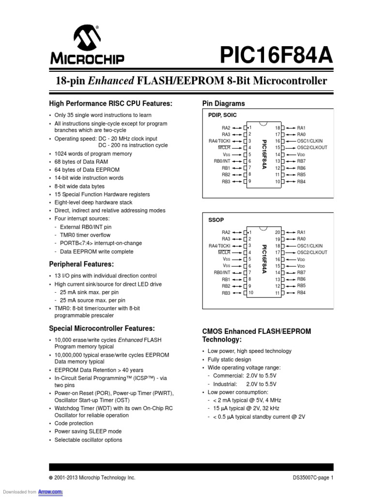 PIC16F84A: 18-Pin Enhanced FLASH/EEPROM 8-Bit Microcontroller | PDF ...
