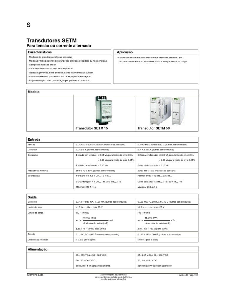 Transdutores Siemens SETM para Medição | PDF | Corrente elétrica | Medição