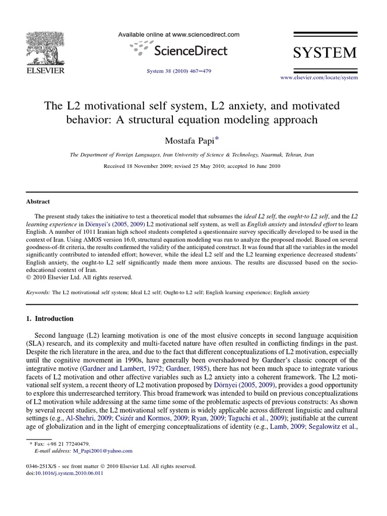 Papi's Model of L2 Anxiety and Motivation | PDF | Structural Equation ...