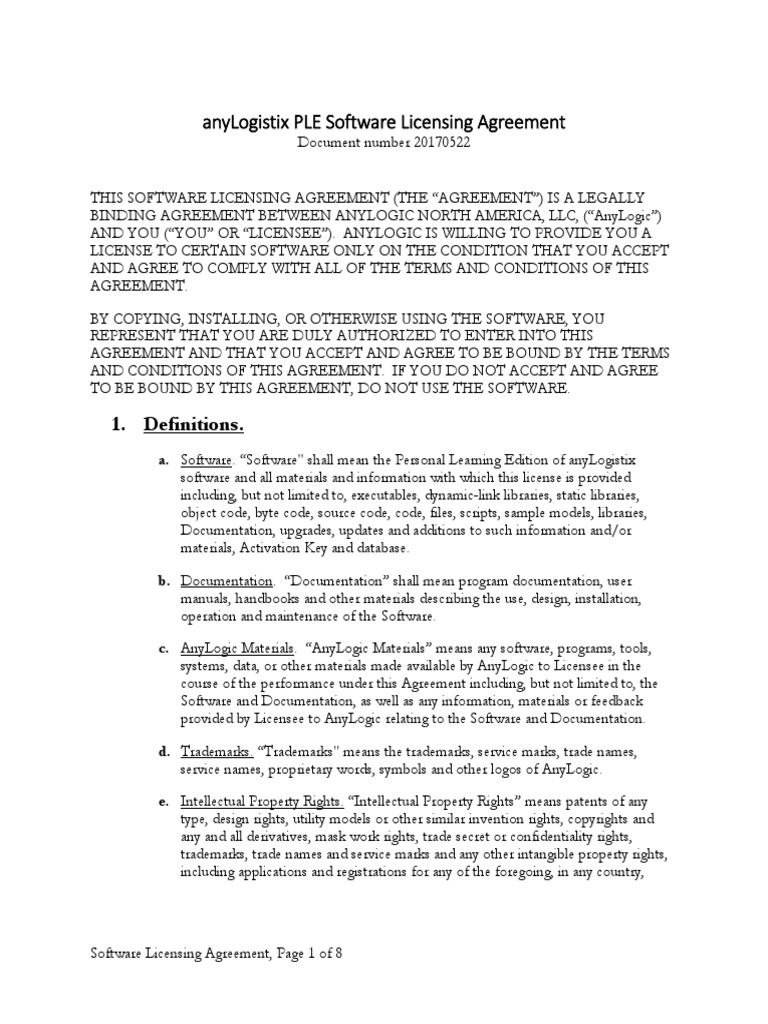 Anylogistix Ple Software Licensing Agreement: 1. Definitions | PDF ...