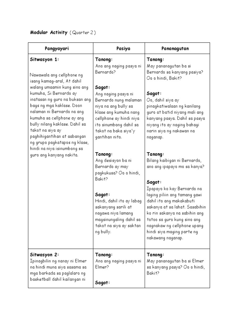 Modular Activity Pangyayari Pasiya Pananagutan Sitwasyon 1: Tanong ...