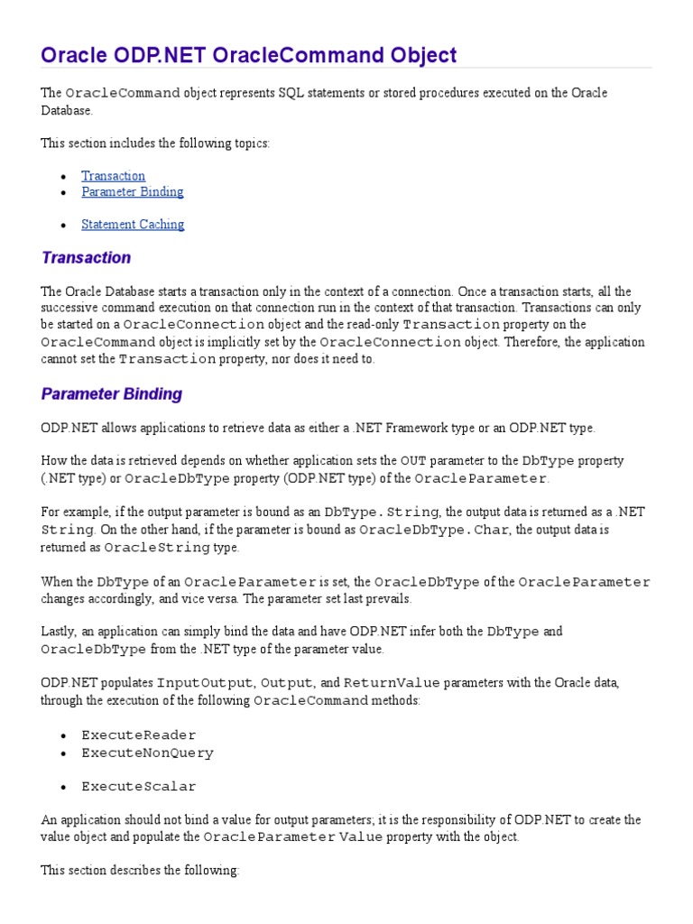 SQL Parameter Binding in ODP.NET | PDF | Parameter (Computer ...