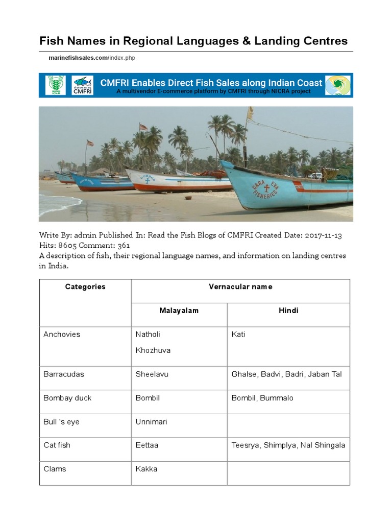 CMFRI Malayalam Fish Names in Regional Languages & Landing Centres ...