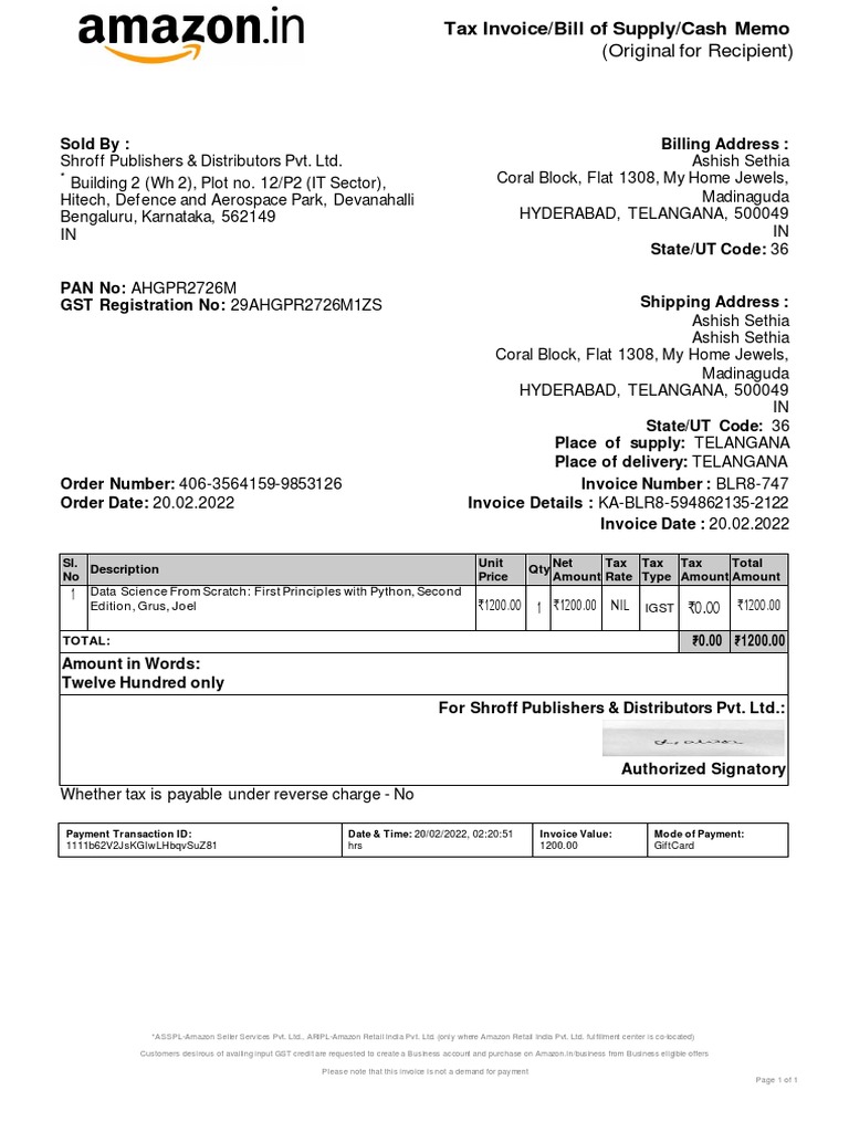 Amazon Bill PDF Invoice Value Added Tax