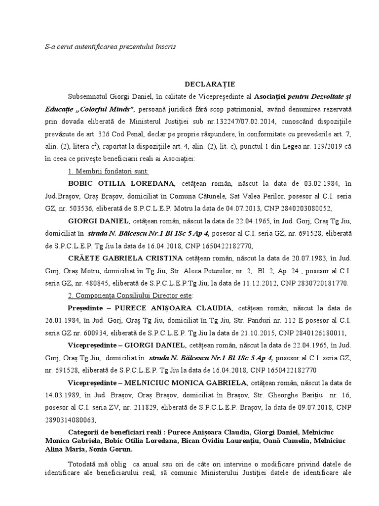 Model Declaratie Beneficiar Real ONG - 1 | PDF