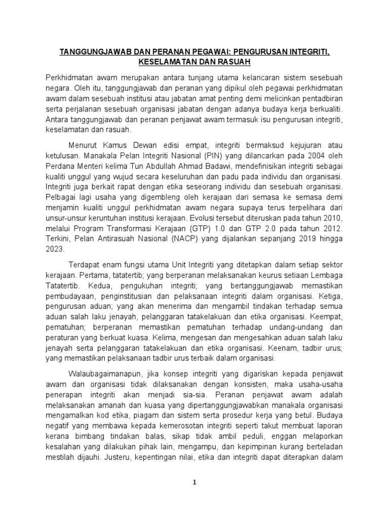 Tanggungjawab Dan Peranan Pegawai Pengurusan Integriti, Keselamatan Dan