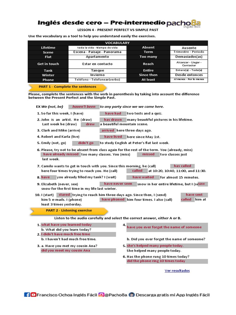 Present Perfect vs Simple Past Lesson | PDF | Linguistics
