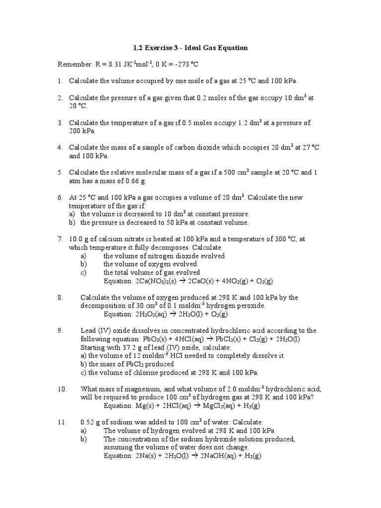Ideal Gas Equation Exercises | PDF