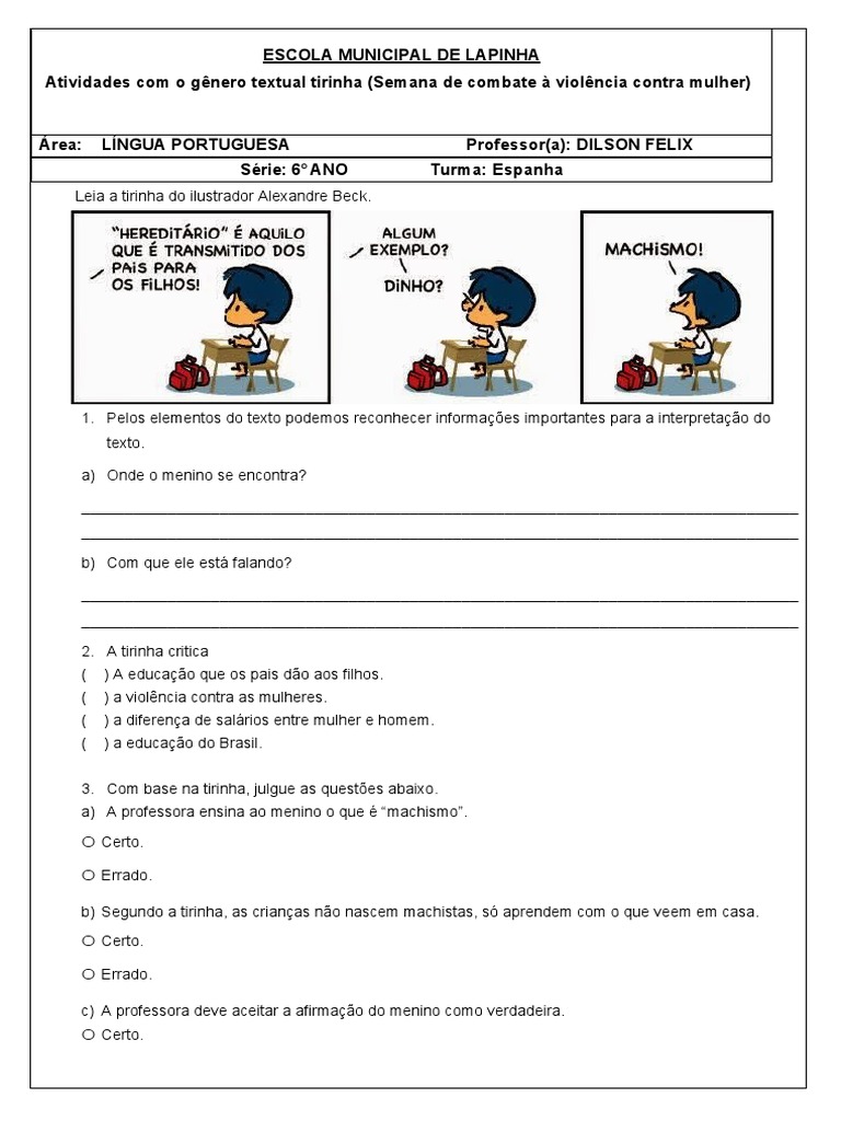 Atividade 1 - Semana Combate À Violência Contra A Mulher 6o | PDF