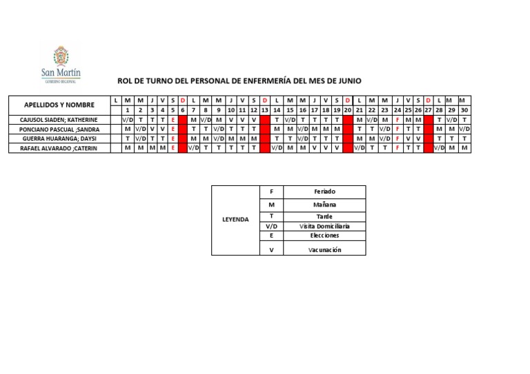Rol de Turno Del Personal de Enfermería Del Mes de Junio PDF