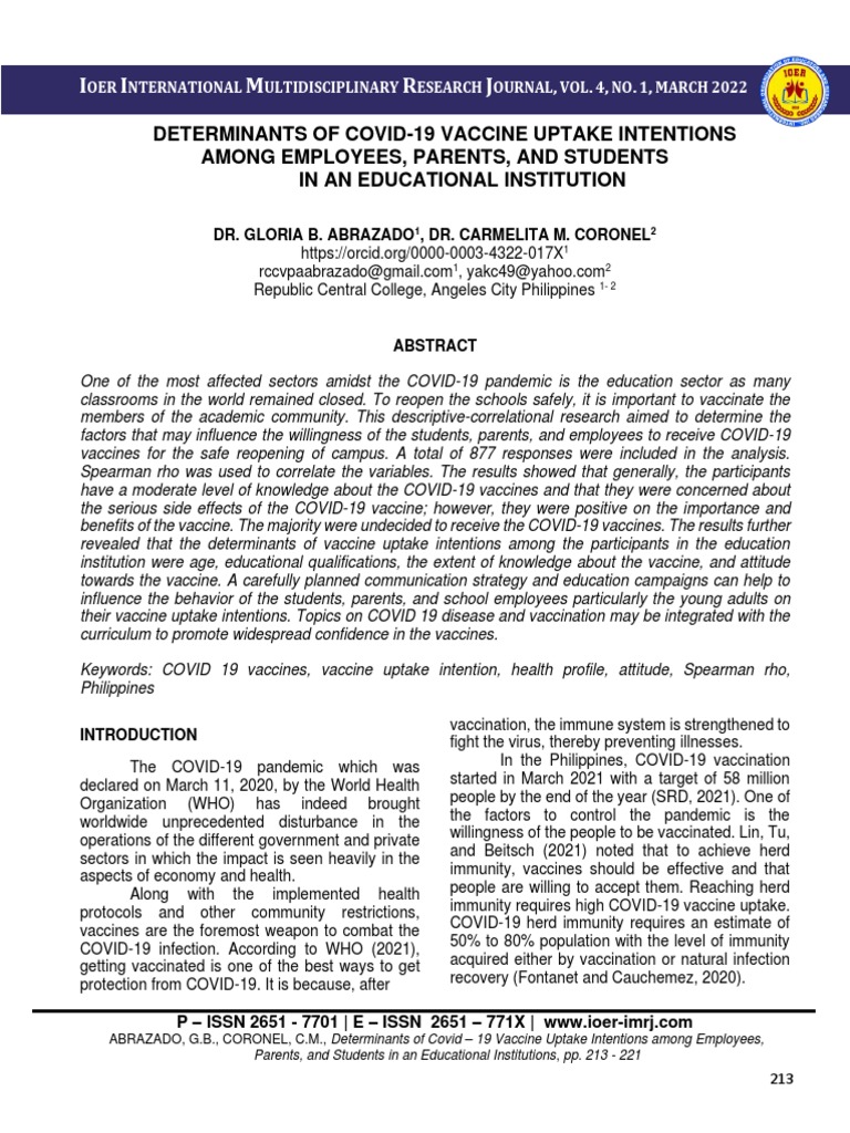 Determinants of Covid - 19 Vaccine Uptake Intentions Among Employees ...