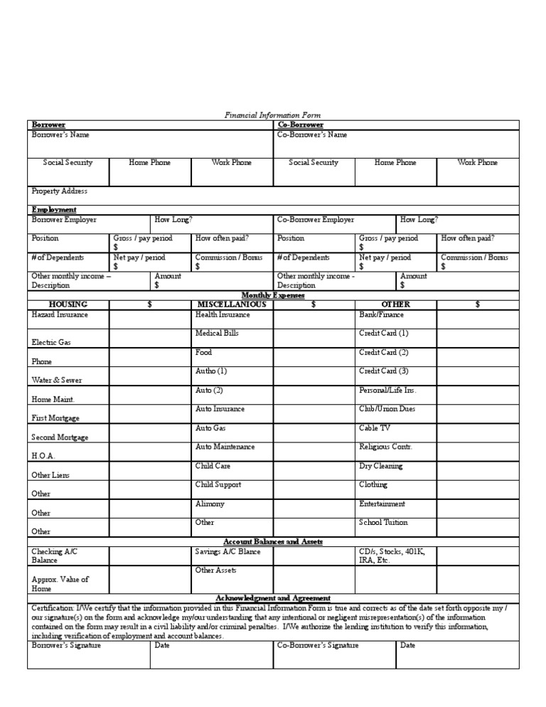 Financial Information Form Word | PDF | Credit Card | Mortgage Loan