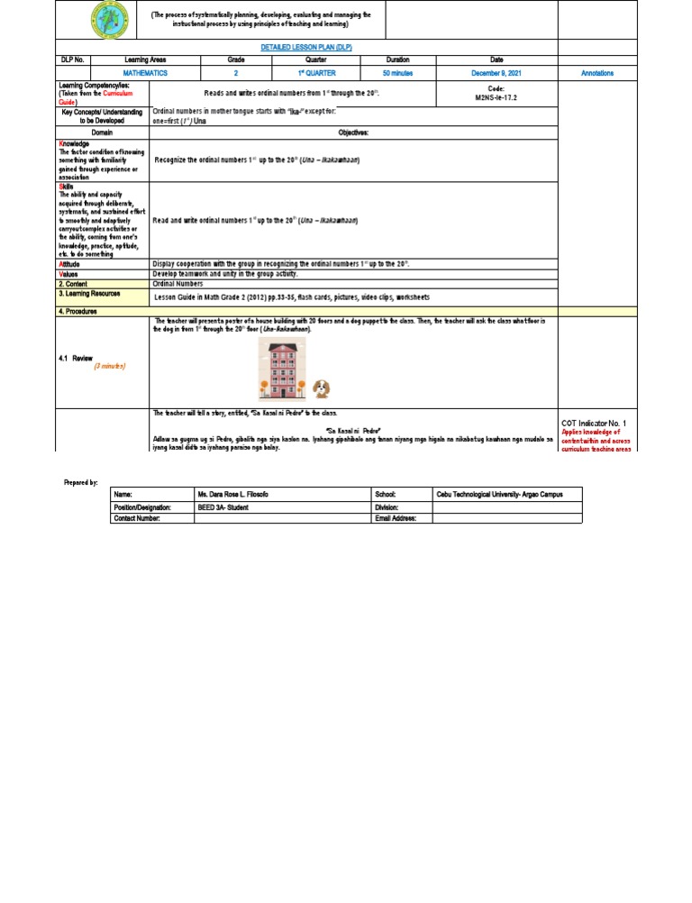Grade 2 Ordinal Numbers Lesson Plan | PDF | Lesson Plan | Learning