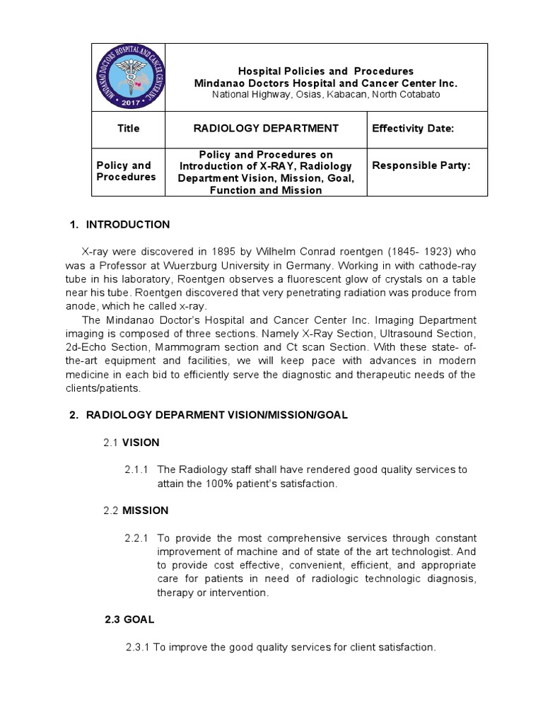 Radiology Department Policies and Procedures | PDF | Radiology ...
