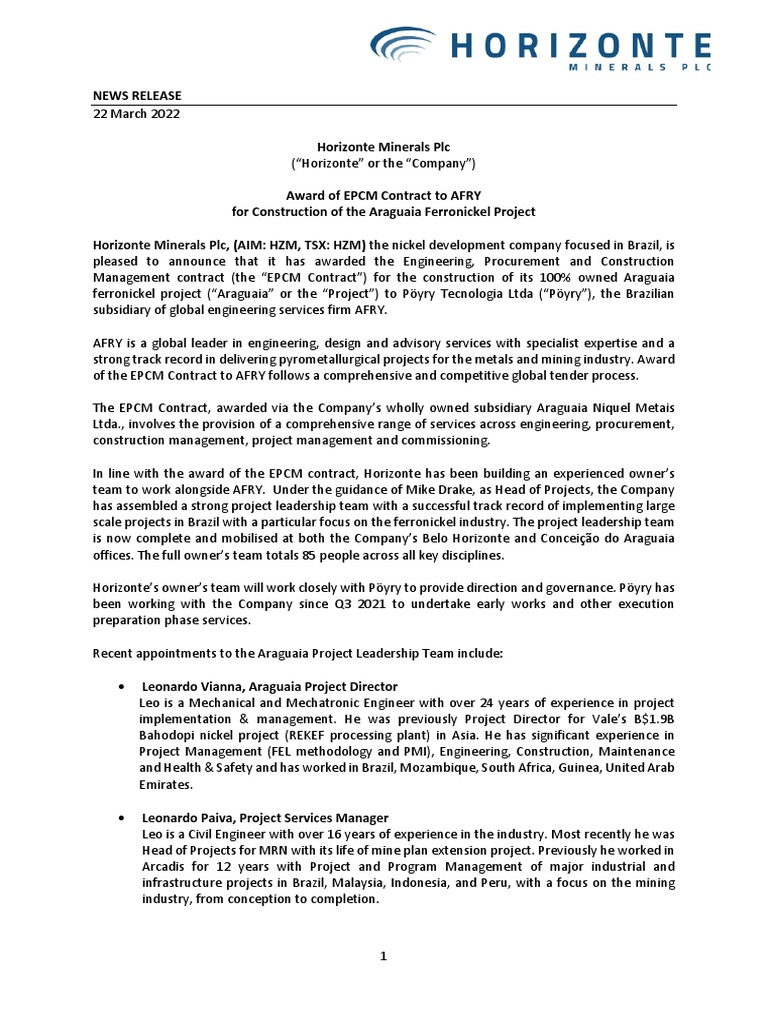 Araguaia Project EPCM Contract Award | PDF | Risk | Mining