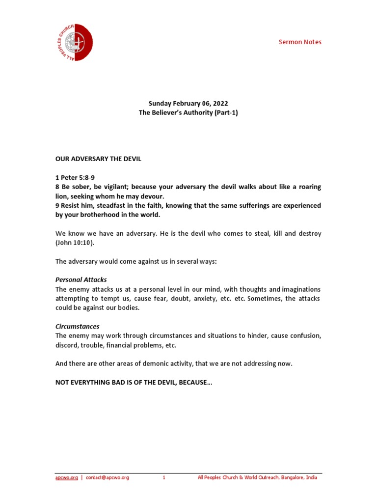 The Believers Authority Part 1 Ps Ashish Raichur Pdf Prayer Satan