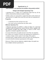 Experiment No. 4 Design and Analysis Spanning Tree: Solve Minimum Cost Spanning Tree Problem Using Greedy Method