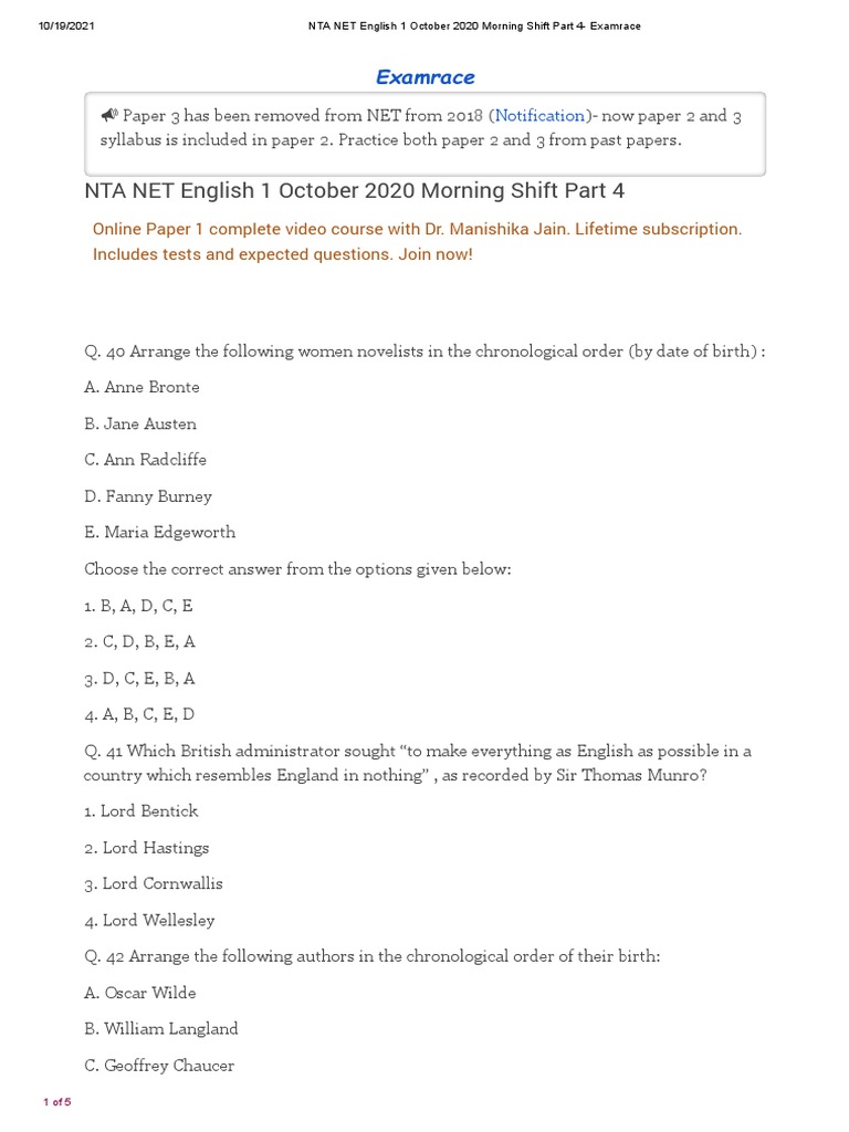 NTA NET English Exam October 2020 Questions | PDF | Rhetoric