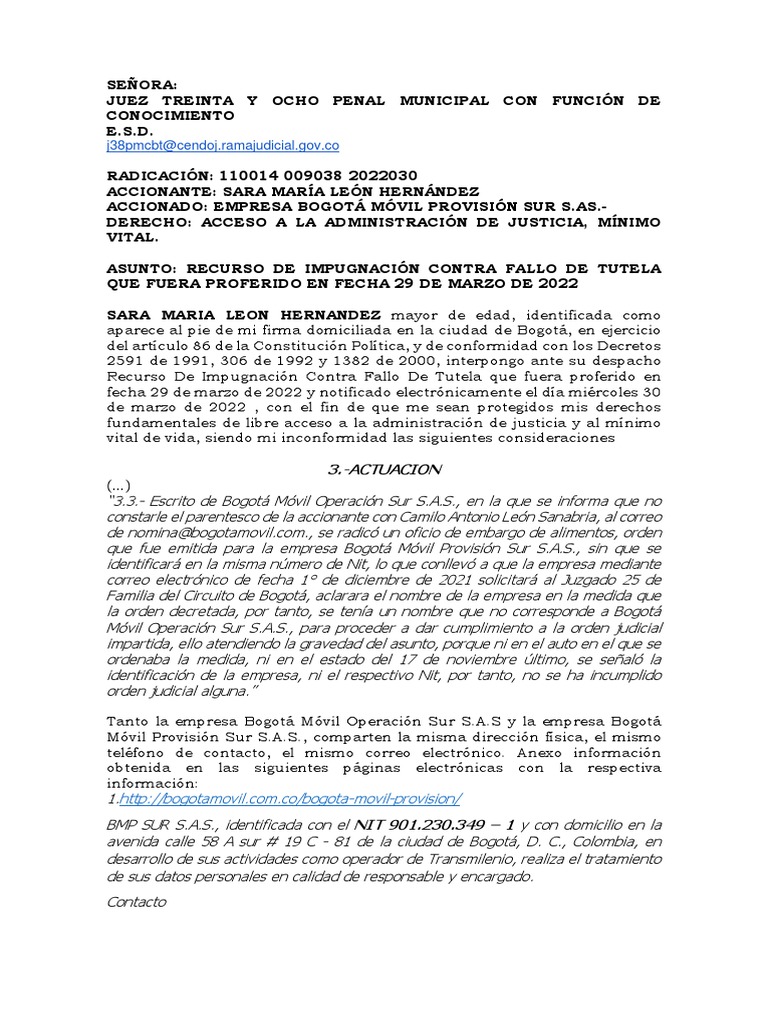 Recurso de Impugnación Contra Fallo de Tutela | PDF | Bogotá | Justicia