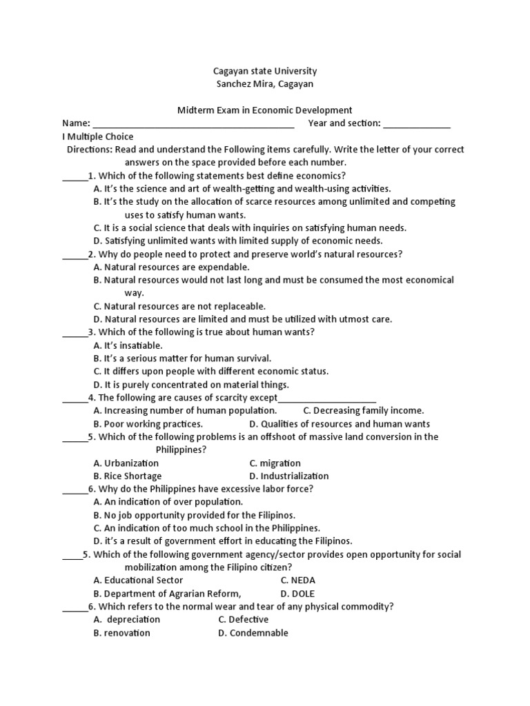 Midterm Exam In Economic Development Pdf Economics Resource