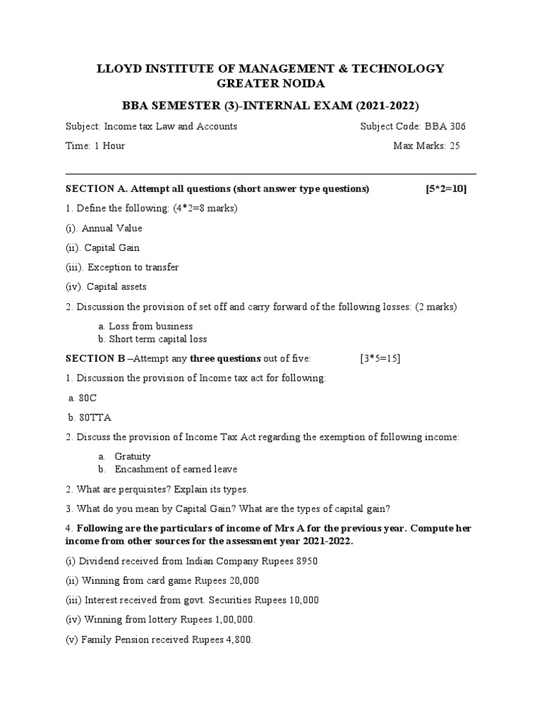 Income Tax Law Exam Paper BBA 3rd Sem | PDF | Capital Gain | Taxes