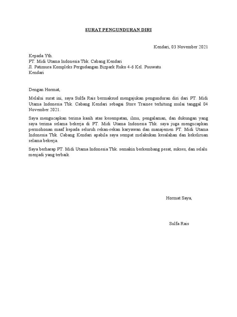 Surat Pengunduran Diri Sulfa Rais | PDF