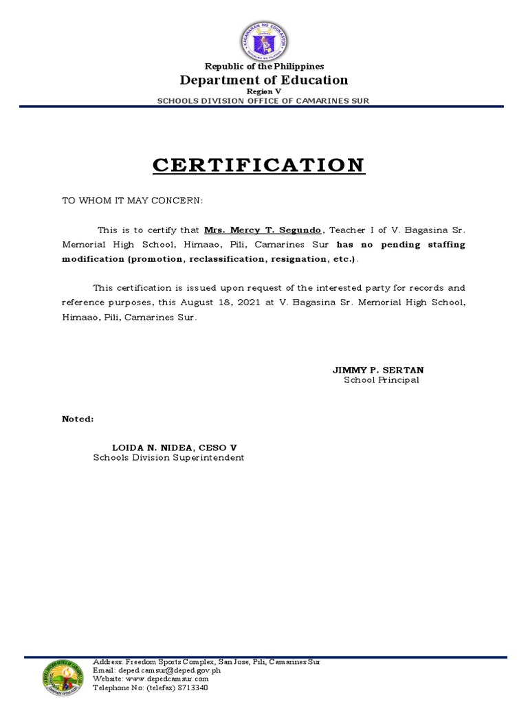 Certification of Teacher Status | PDF