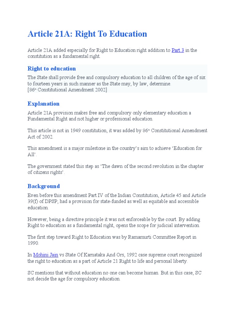 Article 21A Right To Education PDF Justice Constitutional Law