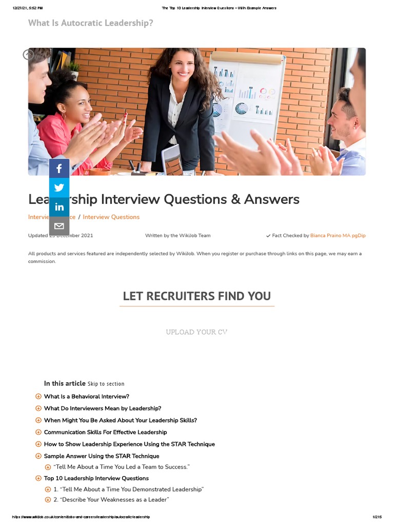 The Top 10 Leadership Interview Questions With Example Answers PDF