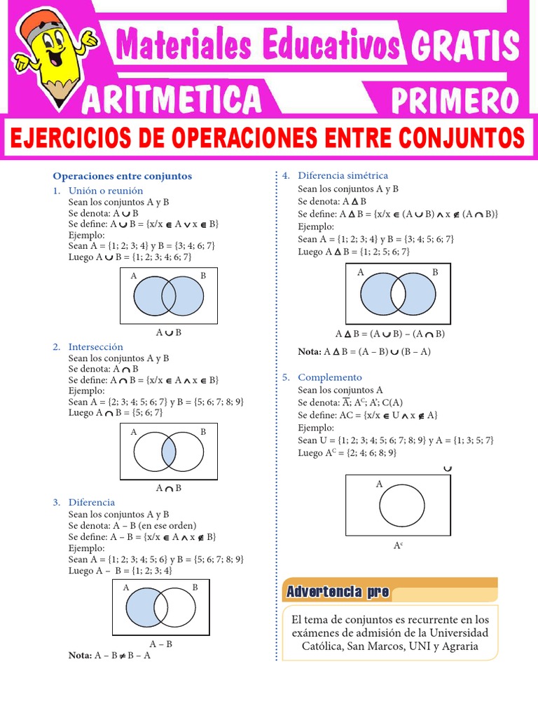 Ejercicios de Operaciones Entre Conjuntos Primer Grado de Secundaria | PDF