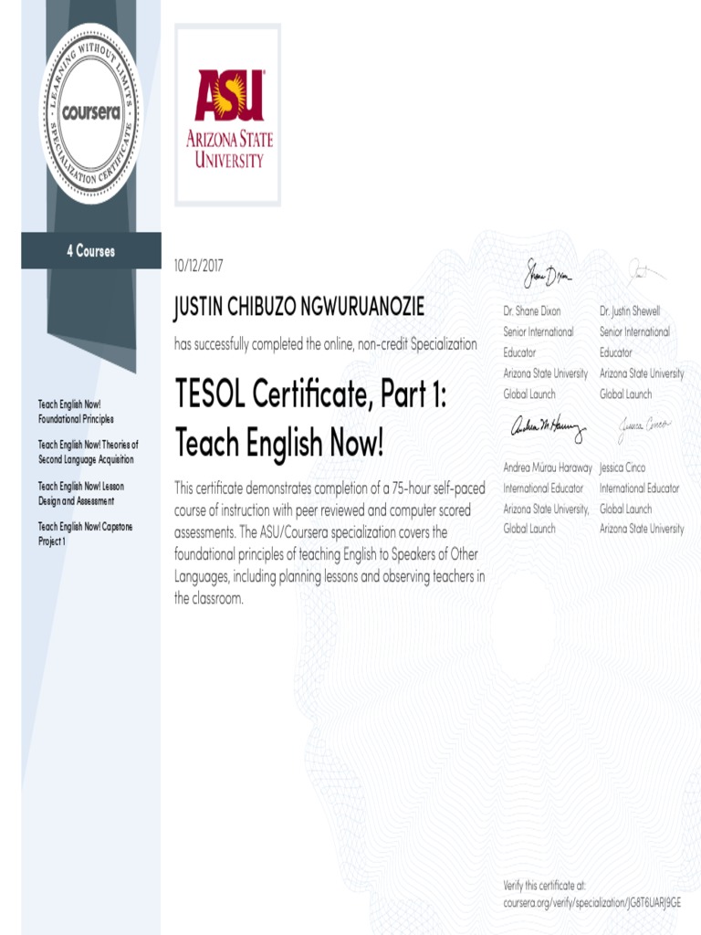 ASU TESOL Certificate Completion | PDF | Career & Growth