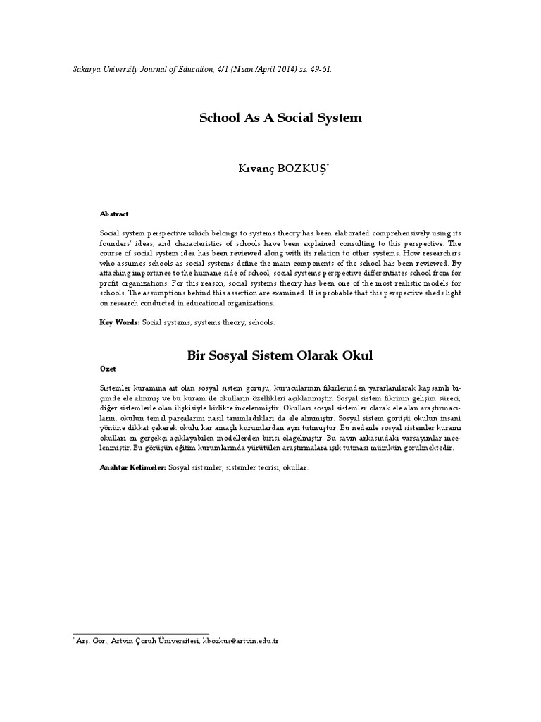 School As A Social System - Bozkus | PDF | System | Behavior