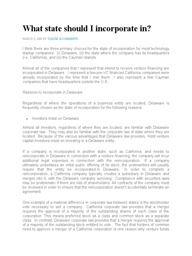 What State Should I Incorporate in 5 | PDF | Delaware General ...