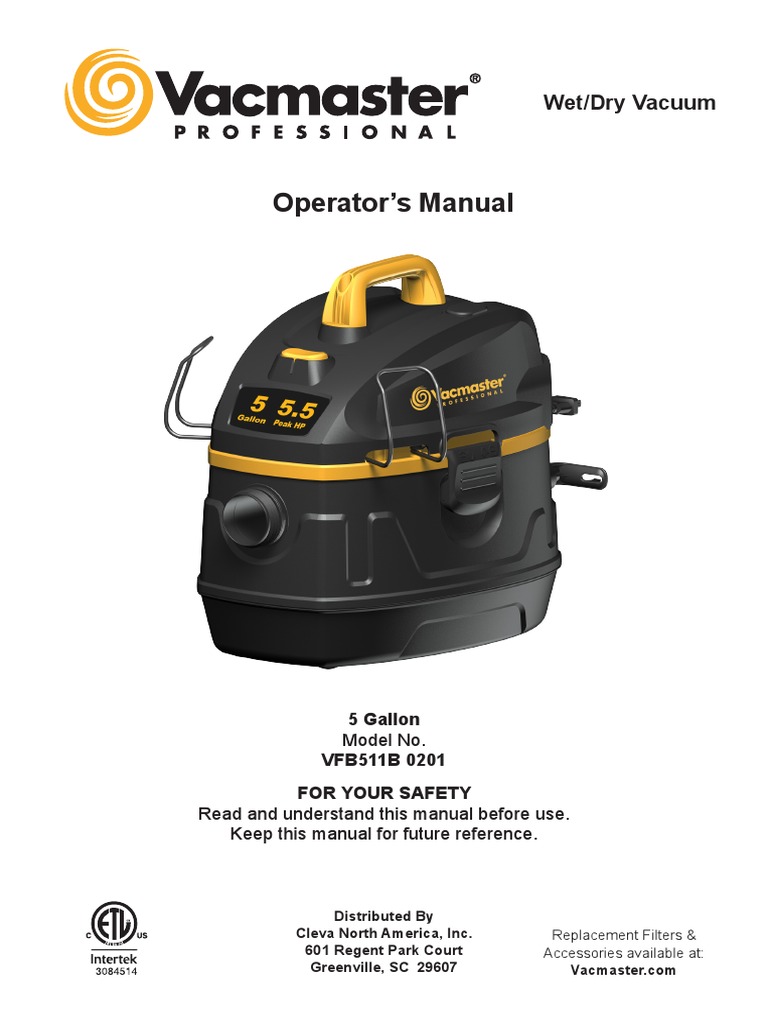 Vacmaster Pro VFB511B 0201 Manual PDF Vacuum Cleaner Electrical