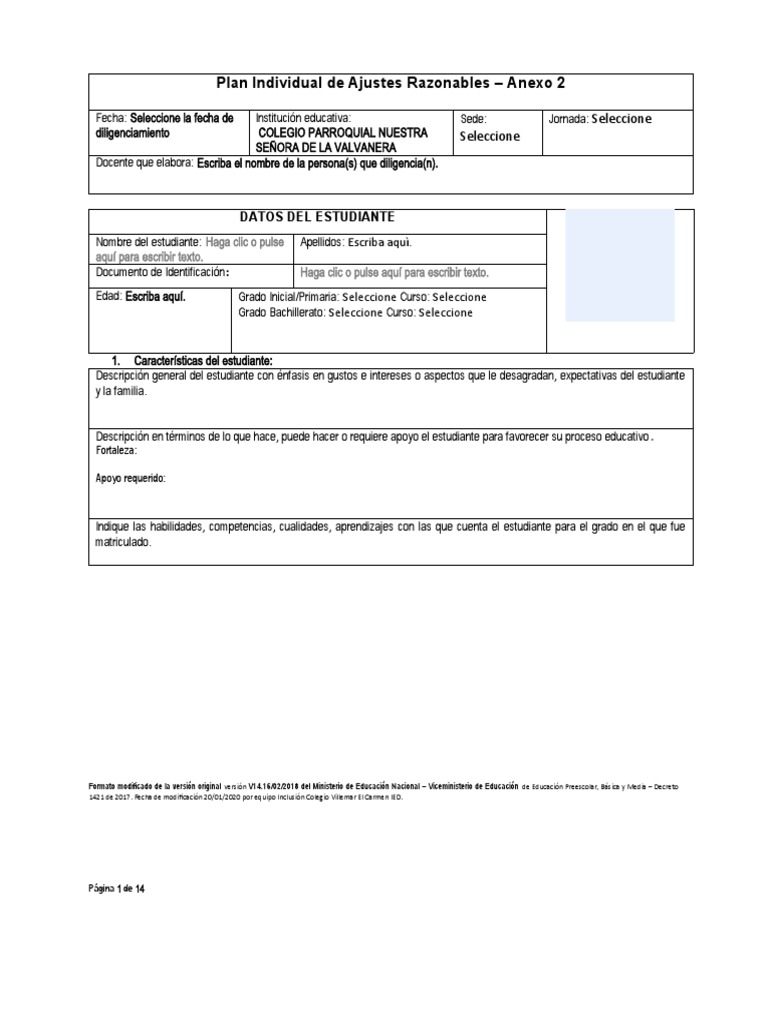 Plan de Ajustes Razonables Educativos | PDF | Educación de la primera ...