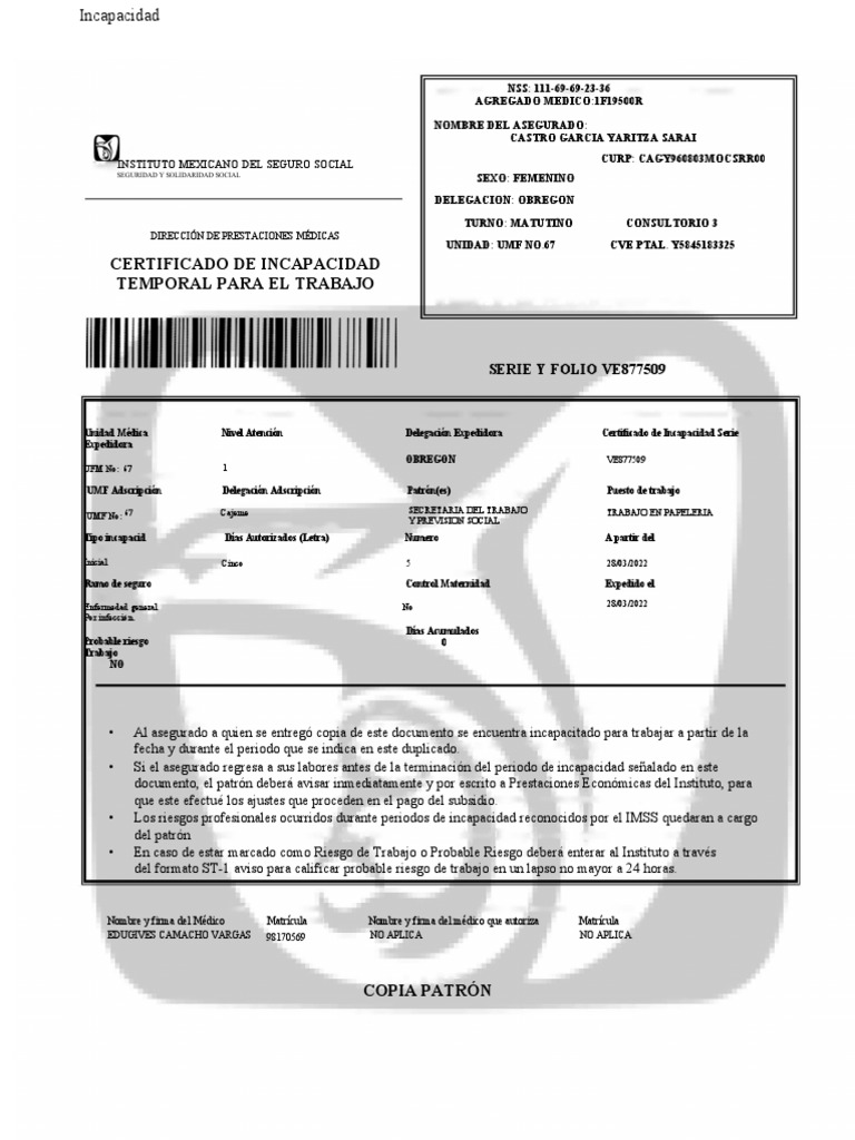 Certificado de Incapacidad IMSS 2022 | PDF | Ciencias de la Salud