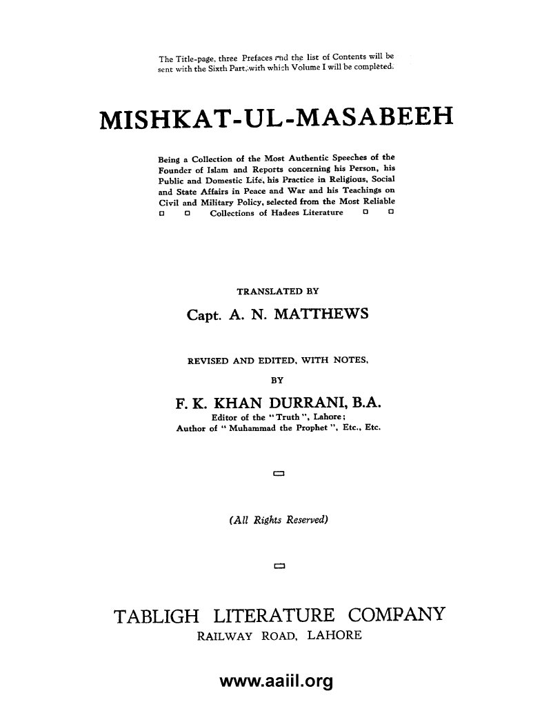 Mishkat Ul Masabeeh (Mishkat Ul Masabih) Collection of Hadith