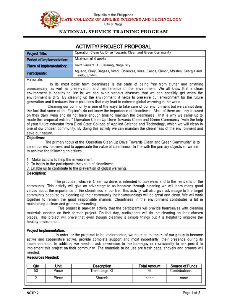 Activity/ Project Proposal: National Service Training Program | PDF ...